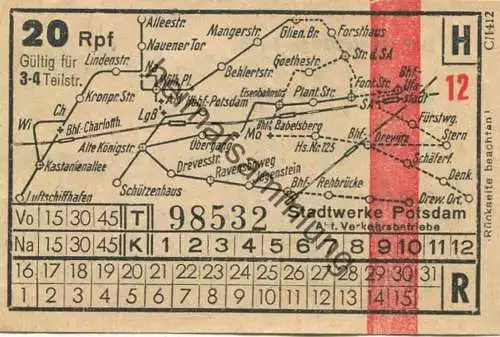 Deutschland - Potsdam - Stadtwerke Potsdam Abt. Verkehrsbetriebe - Fahrschein 20Rpf. - rückseitig Werbung für eine elekt