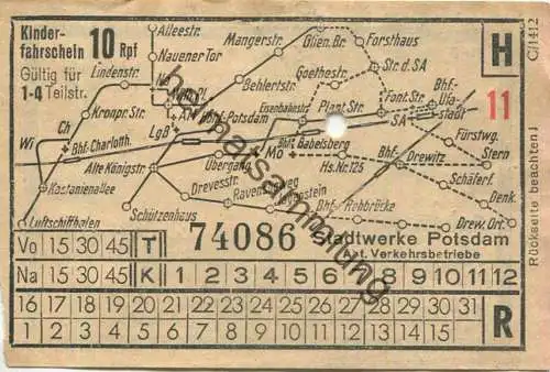 Deutschland - Potsdam - Stadtwerke Potsdam Abt. Verkehrsbetriebe - Kinderfahrschein 10Rpf. - rückseitig Werbung für eine