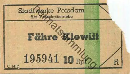 Deutschland - Potsdam - Stadtwerke Potsdam Abt. Verkehrsbetriebe - Fähre Kiewitt - Fahrschein 10Rpf. - rückseitig Werbun