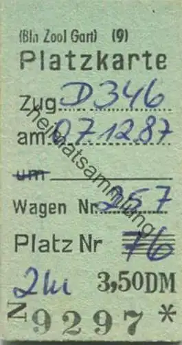 Deutschland - Berlin - Zoologischer Garten - Platzkarte Zug D346 - 07.12.87