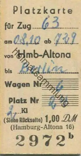 Deutschland - Platzkarte für Zug 63 Hamburg-Altona - Berlin - 2. Kl.