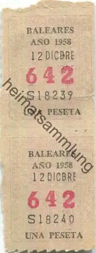 Spanien - Baleares ano 1958 - Una Peseta - Fahrschein