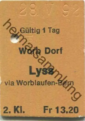 Schweiz - Worb Dorf - Lyss via Worblaufen-Bern - Fahrkarte 1992 1/2 Preis