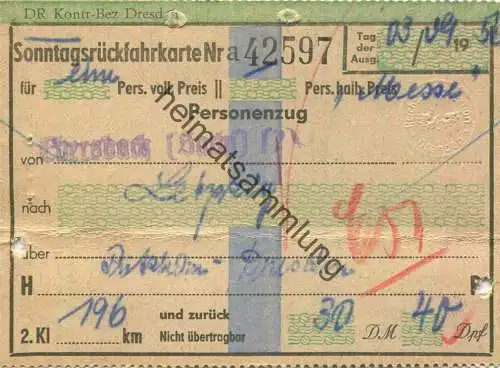 Deutschland - Sonntagsrückfahrkarte Ebersbach Leipzig Messe über Putzkau Dresden - Fahrkarte 2. Klasse 1957