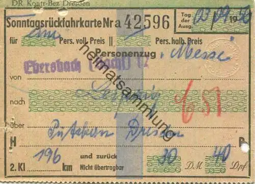 Deutschland - Sonntagsrückfahrkarte Ebersbach Leipzig Messe über Putzkau Dresden - Fahrkarte 2. Klasse 1956