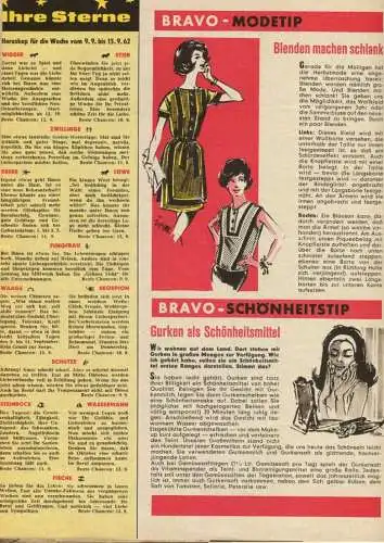 Deutschland - Bravo mit Fernsehprogramm und vieles mehr Nummer 36 September 1962 - 40 Seiten mit vielen Abbildungen