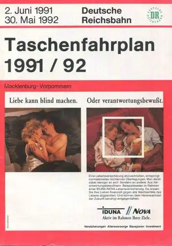 Deutschland - Deutsche Reichsbahn - Taschenfahrplan 1991/92 - Mecklenburg-Vorpommern - 112 Seiten und eine Übersichtskar