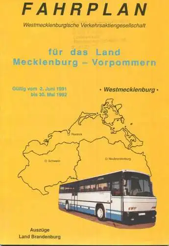 Deutschland - Fahrplan Westmecklenburgische Verkehrsaktiengesellschaft - 1991-1992 - mit Auszügen des Landes Brandenburg