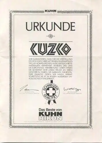 Kuhn-Rikon - Gebrauchsanweisung für 1,2l Topf mit Inka-Muster und einer Rechnung von 1986 - 24 Seiten