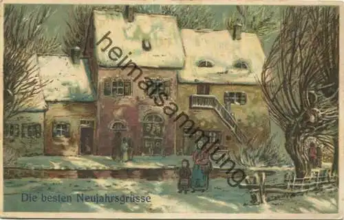 Neujahr - verschneite Dorfstrasse - Künstlerkarte gel. 1911