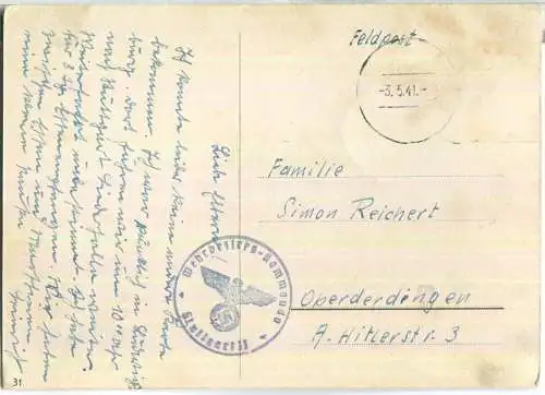 Liebling wenn ich traurig bin - Feldpost mit Nebenstempel Wehrbezirks-Kommando Stuttgart