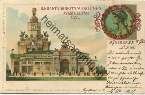 München - II. Kraft-V. Arbeitsmaschinen-Ausstellung 1898 - Südlicher Eingang - Verlag Louis Glaser Leipzig gel. 1898
