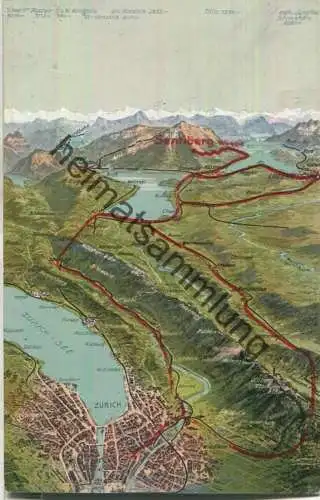 Die rot eingezeichnete Reiseroute wird täglich ausgeführt mit Gesellschaftsauto von A. Geissberger Zürich 6 Clausiusstr.