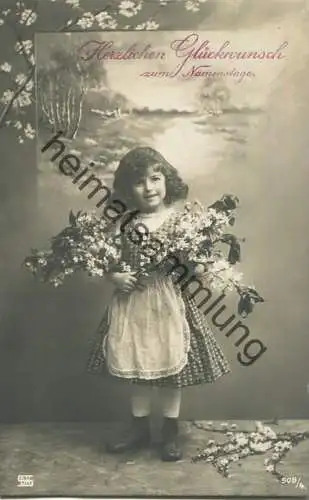 Herzlichen Glückwunsch zum Namenstage - Mädchen mit Blumen - Verlag SDK 508/4 gel. 1915