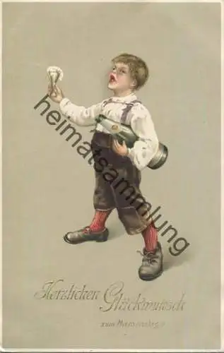 Herzlichen Glückwunsch zum Namenstage - kleiner Junge mit Sektflasche und Glas gel. 1915