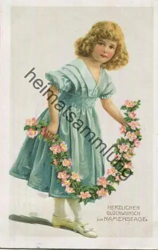 Herzlichen Glückwunsch zum Namenstage - Mädchen mit Blumengirlande gel. 1917