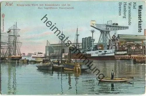 Kiel - Krupp 'sche Weft mit Riesenkran und im Bau begriffenen Panzerschiff - Verlag Louis Glaser Leipzig