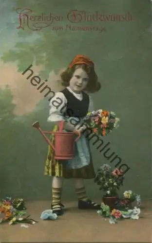 Herzlichen Glückwunsch zum Namenstage - Mädchen mit Blumen und Giesskanne - gel. 1914