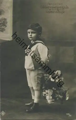 Junge mit Blumenstrauss - Glückwunsch zum Namenstag - Foto-AK - Verlag PC 1249/50 gel. 1908