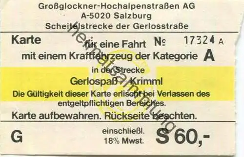 Ösrerreich - Großglockner-Hochalpenstraßen AG - Karte für eine Fahrt mit einem Kraftfahrzeug der Kategorie A - Gerlospaß