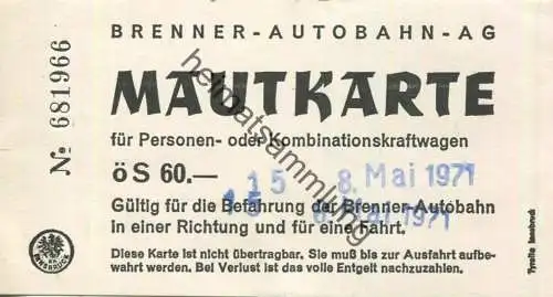 Ösrerreich - Brenner-Autobahn AG - Mautkarte öS 60.-