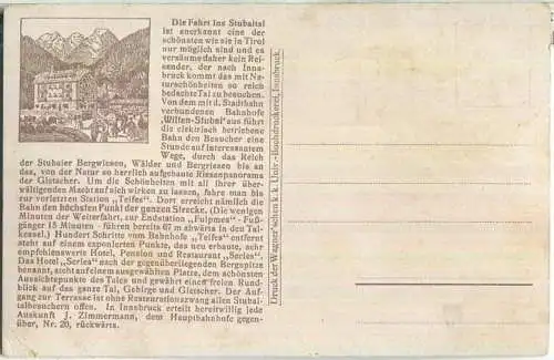 Stubaital und die Gletscher - Verlag Wagner 'sche Buchdruckerei Innsbruck - rückseitig Werbeaufdruck