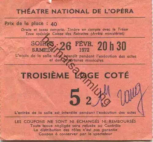 Frankreich - Paris - Theater national de l' Opera - Prix de la place 40 1972