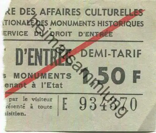 Frankreich - Ministere des affaires culturelles - Droit d'Entree 1,50 F