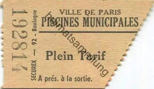 Frankreich - Ville de Paris - Piscines Municipales - Plein Tarif 1970