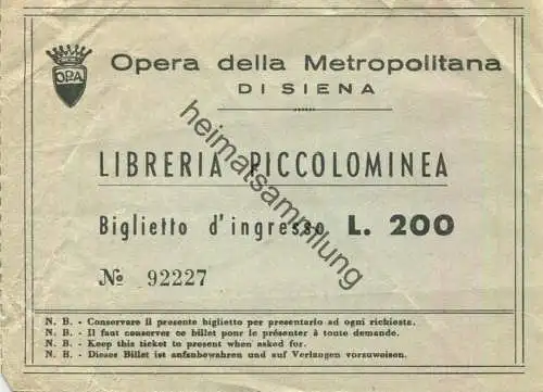 Italien - Opera della Metropolitana di Siena - Libreria Piccolominea - Biglietto d'ingresso - L. 200