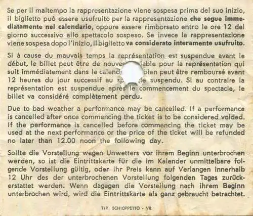 Italien - Arena di Verona - Stagione Lirica 1966 - Gestione ente Spettacoli Lirici - Seconda Gradinata L. 1000