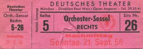 Deutschland - München 1958 - Deutsches Theater - Direktion Paul Walz Oskar Angerer - Orchester-Sessel