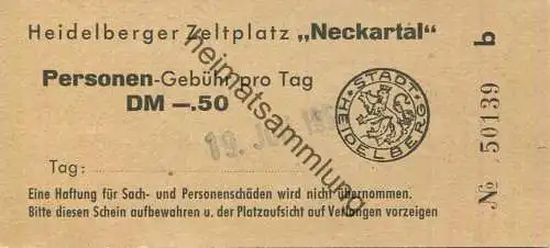 Deutschland - Heidelberg - Heidelberger Zeltplatz "Neckartal" Personengebühr pro Tag DM -.50 - 50er Jahre