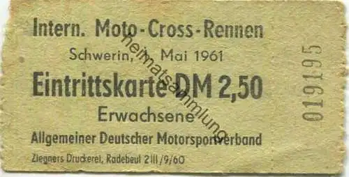Deutschland - Schwerin - Internationales Moto-Cross-Rennen 1. Mai 1961 - Eintrittskarte DM 2,50