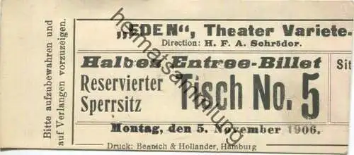 Deutschland - Hamburg - St. Pauli Spielbudenplatz - Eden Theater-Variete - Halbes Entree-Billet