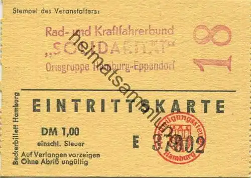 Deutschland - Ortsgruppe Hamburg-Eppendorf - Rad- und Kraftfahrerbund "Solidarität" - Eintrittskarte DM 1,00