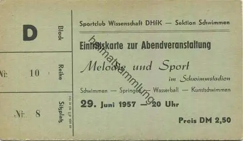 Deutschland - Leipzig - Sportclub Wissenschaft DHfK Sektion Schwimmen - Eintrittskarte zur Abendveranstaltung im Schwimm