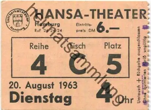 Deutschland - Hamburg - Hansa-Theater - Eintrittskarte 1963