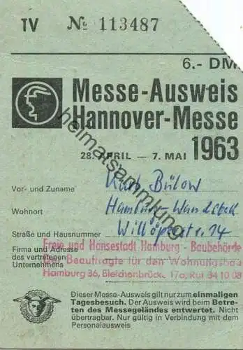 Deutschland - Hannover Messe 1963 - 28. April - 7. Mai Ausweis - Eintrittskarte