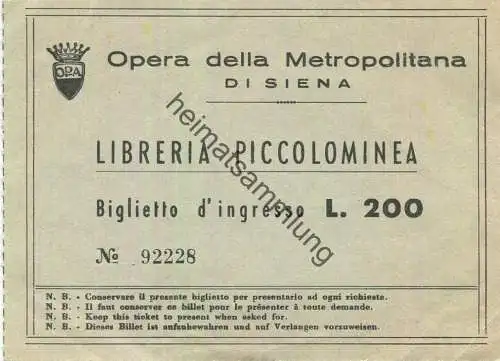 Italien - Opera della Metropolitana die Siena - Libreria Piccolominea - Eintrittskarte