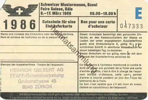 Schweiz - Schweizer Mustermesse Basel - Gutschein für eine Einkäuferkarte 1986