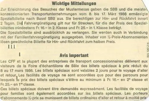 Schweiz - Schweizer Mustermesse Basel - Gutschein für eine Einkäuferkarte 1986