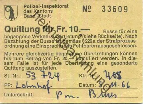Schweiz - Basel - Polizei-Inspektorat des Kantons Basel-Stadt - Quittung - Busse für eine begangene Verkehrsübertretung
