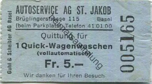 Schweiz - Basel - Quittung für 1 Quick-Wagenwaschen - Autoservice AG St. Jakob Brüglinerstrasse 115