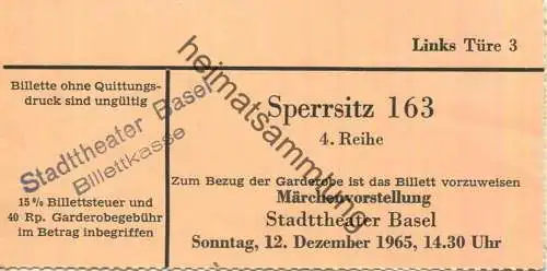 Schweiz - Basel - Stadttheater - Märchenvorstellung - Eintrittskarte 1965