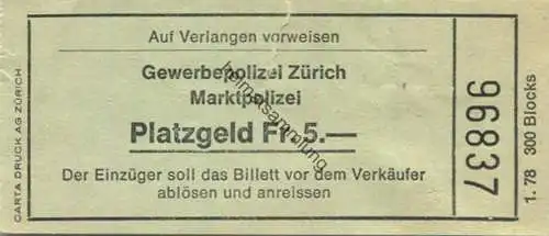 Schweiz - Gewerbepolizei Zürich - Marktpolizei - Platzgeld Fr. 5.-