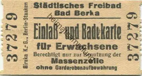 Deutschland - Bad Berka - Städtisches Freibad - Einlaß- und Badekarte für Erwachsene - Berechtigt nur zur Benutzung der