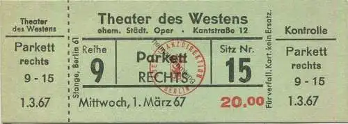 Deutschland - Berlin - Theater des Westens - ehemalige Städtische Oper - Kantstrasse 12 - Eintrittskarte 1967
