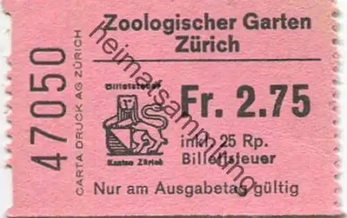 Schweiz - Zoologischer Garten Zürich - Eintrittskarte