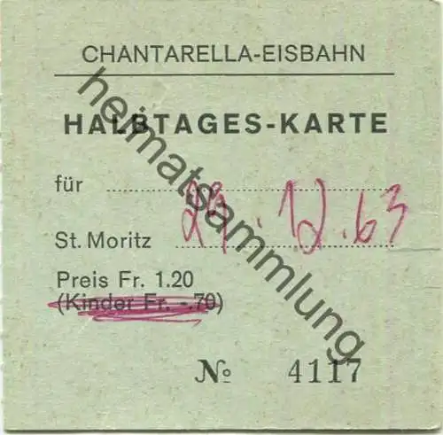 Schweiz - St. Moritz - Chantarella-Eisbahn - Halbtages-Karte 1963